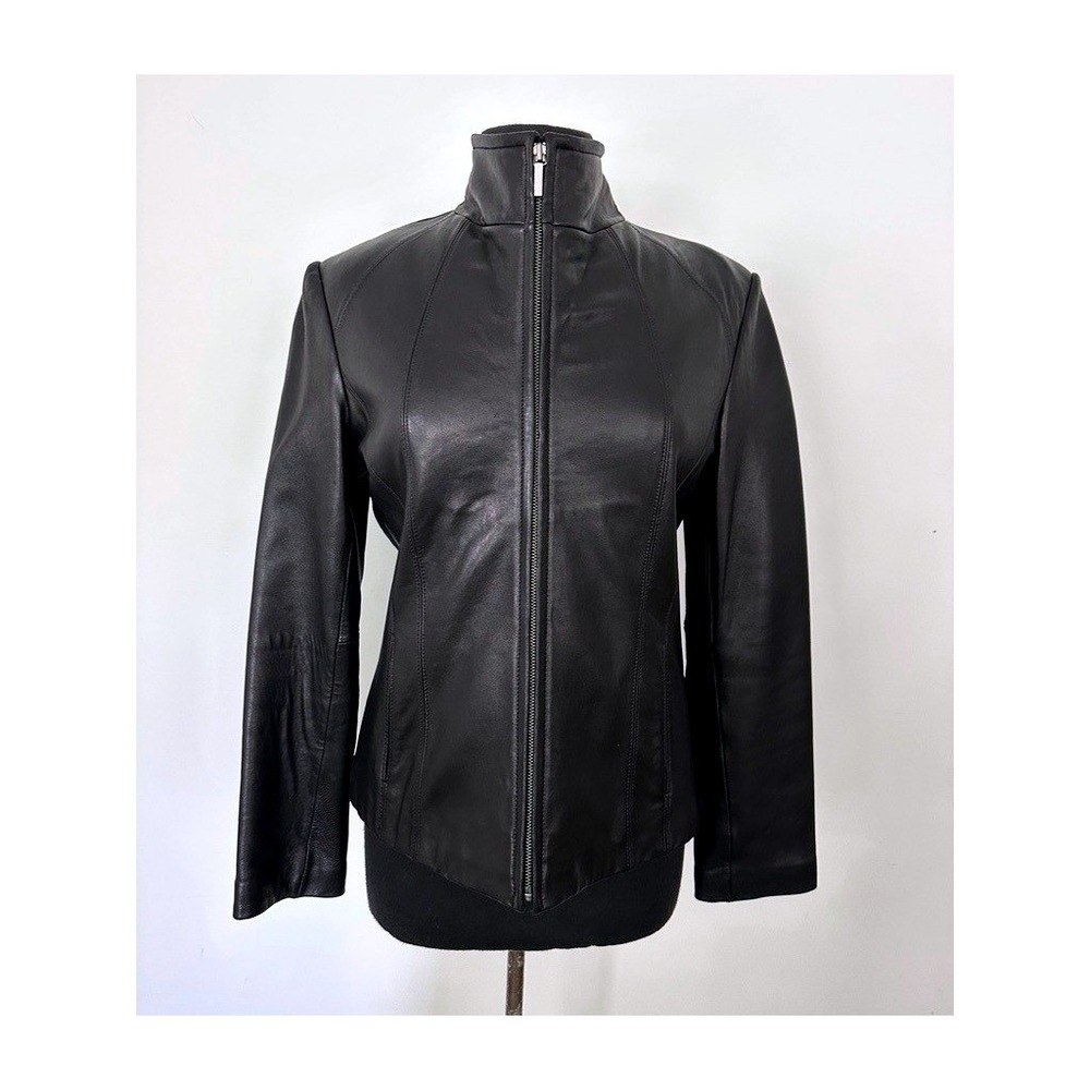Siena G-III Black Leather Jacket Women Small Stand Collar Moto Edgy Classic Chic